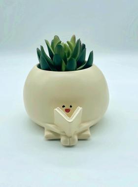跨境创意新款家居办公多肉花盆可爱摇椅圆脸坐姿花盆植物装饰摆件