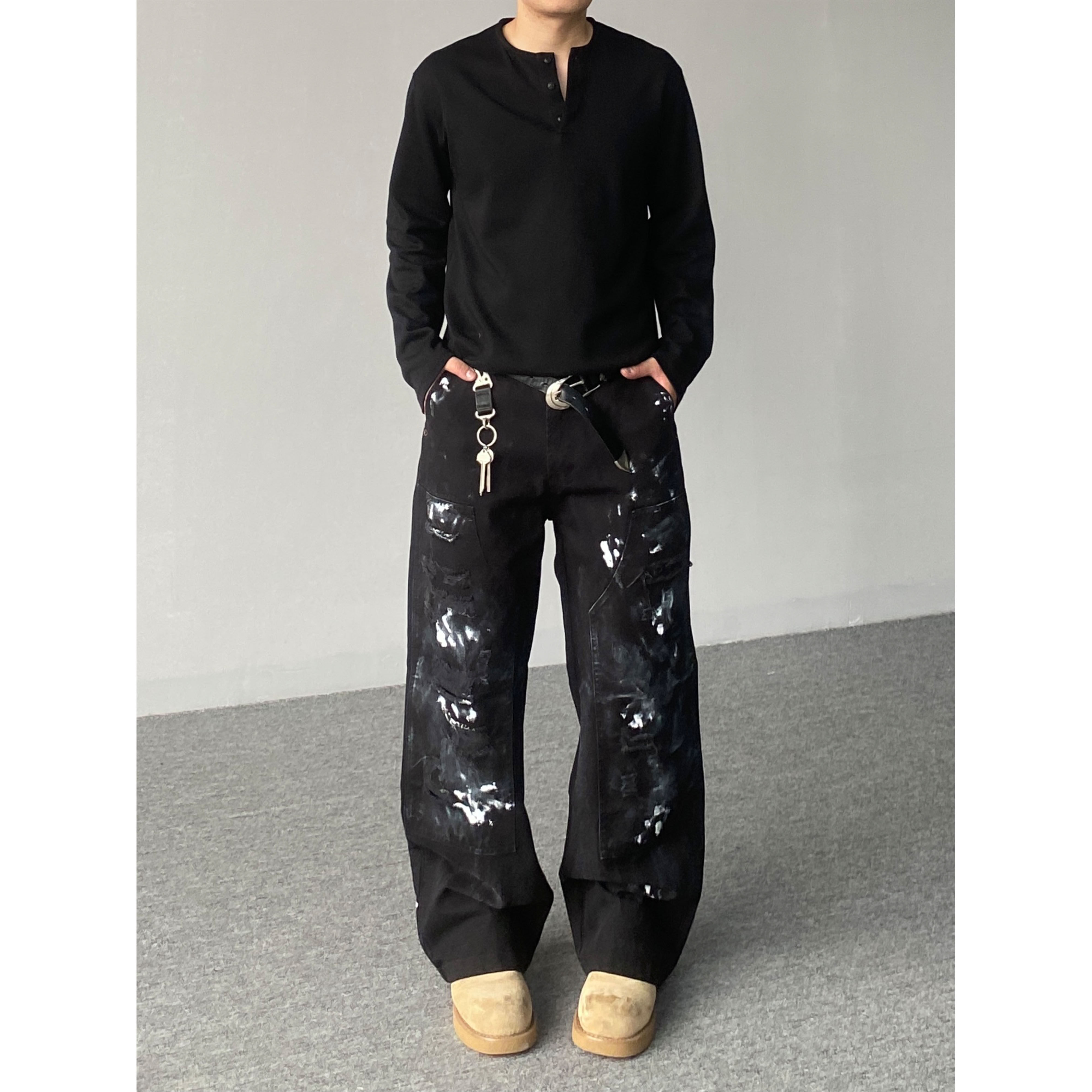 98SQUID 美式复古做旧泼墨破坏重工牛仔裤男女宽松休闲阔腿长裤潮 - 图0