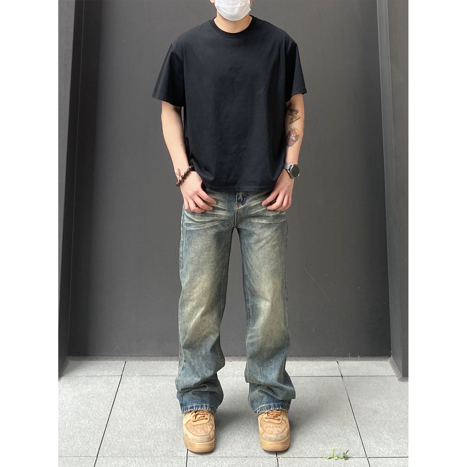 98SQUID 美式怀旧vintage水洗猫须牛仔裤男女宽松阔腿休闲长裤潮 - 图0