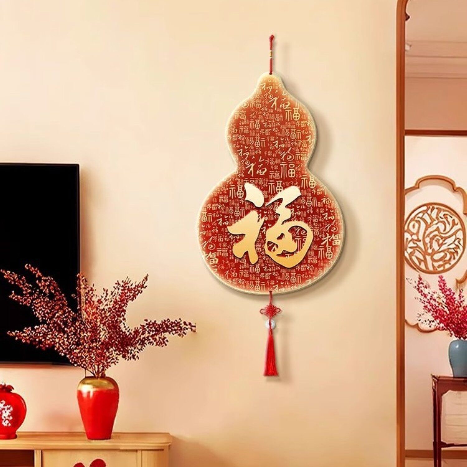 福禄客厅电视背景墙装饰画挂绳画新中式入户进门挂饰葫芦福字挂件