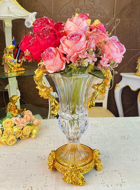 欧式花瓶孔雀家居软装饰品水晶玻璃花瓶镀金高档客厅玄关摆件奢华