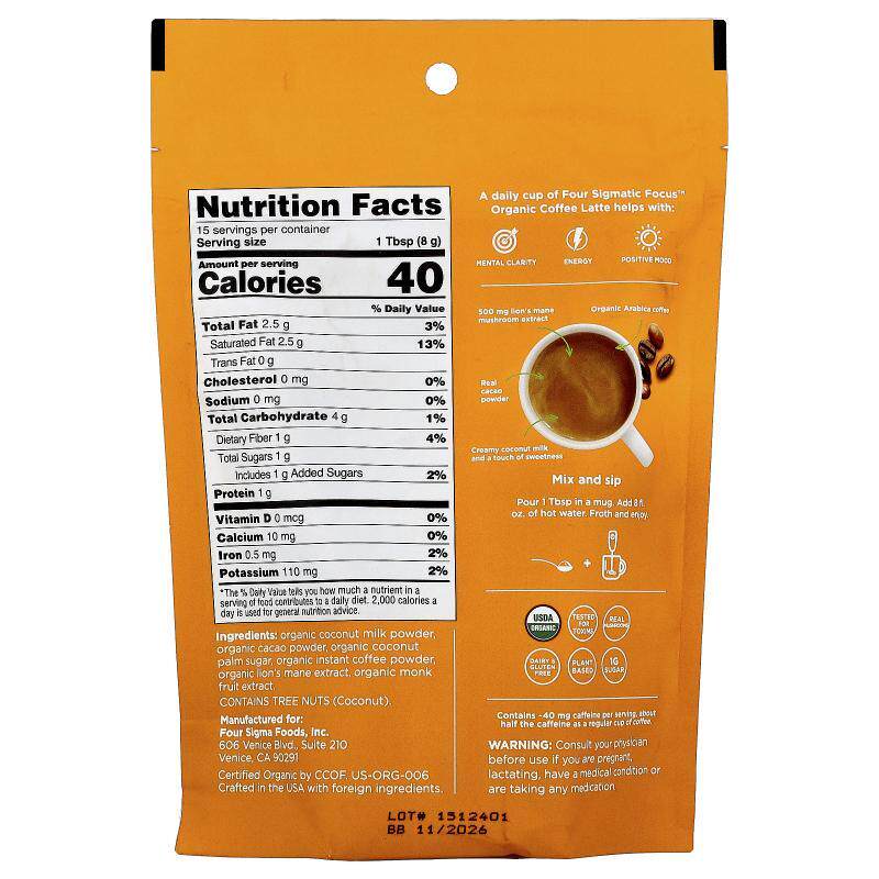 Four Sigmatic,Focus, Organic Instant Coffee Latte with Lion' - 图0