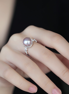 九紫离火淡水珍珠戒指女王皇冠戒指S925银活口粉紫色白色珍珠戒指