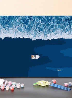 数字油画cdiy手工填充蓝色梦幻海洋游艇风景画手绘涂色丙烯油彩画