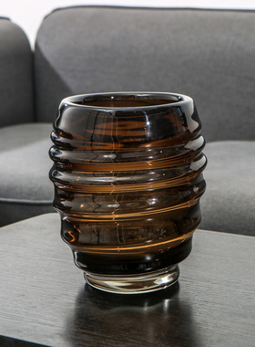 美式轻奢玻璃花瓶咖色条纹u环形透明客厅桌面家居样板间工艺品摆