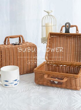 仿真复古田园花艺手提箱野餐篮假花家居装饰N藤编插花拍摄道具礼