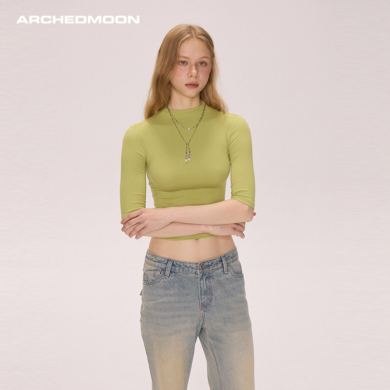 ARCHEDMOON 绿色高圆领正肩中袖t恤内搭打底修身短款辣妹上衣女春,淘宝优惠券,粉丝福利购,淘宝优惠卷