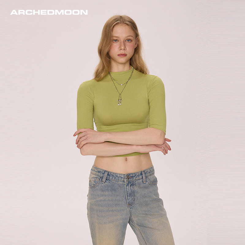 ARCHEDMOON 绿色高圆领正肩中袖t恤内搭打底修身短款辣妹上衣女春,淘宝优惠券,粉丝福利购,淘宝优惠卷