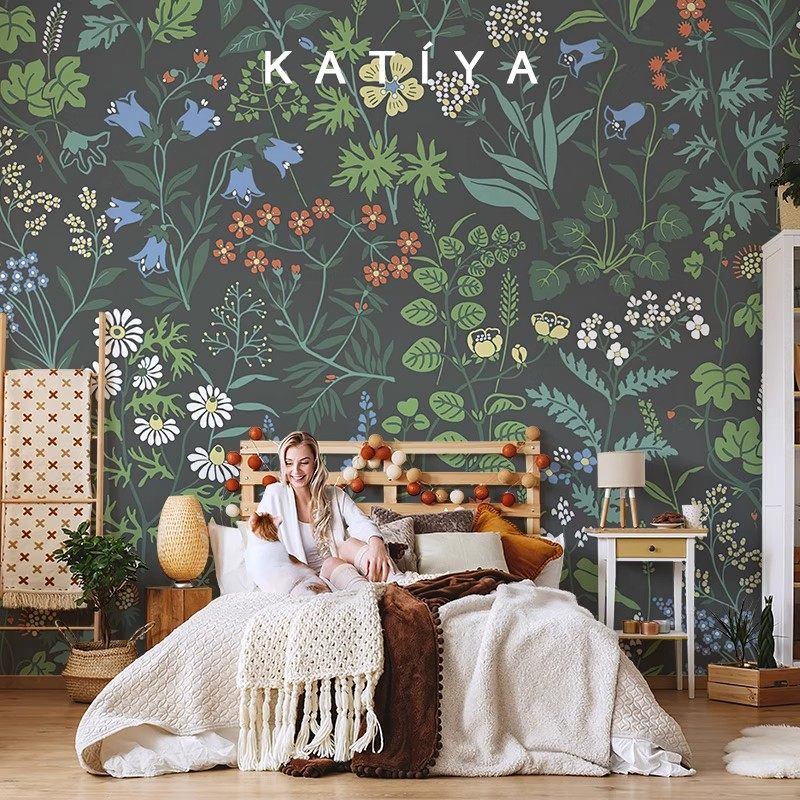 美式手绘花草墙纸客厅电视背景墙布绿色花群壁画卧室餐厅无缝壁纸,淘宝优惠券,粉丝福利购,淘宝优惠卷