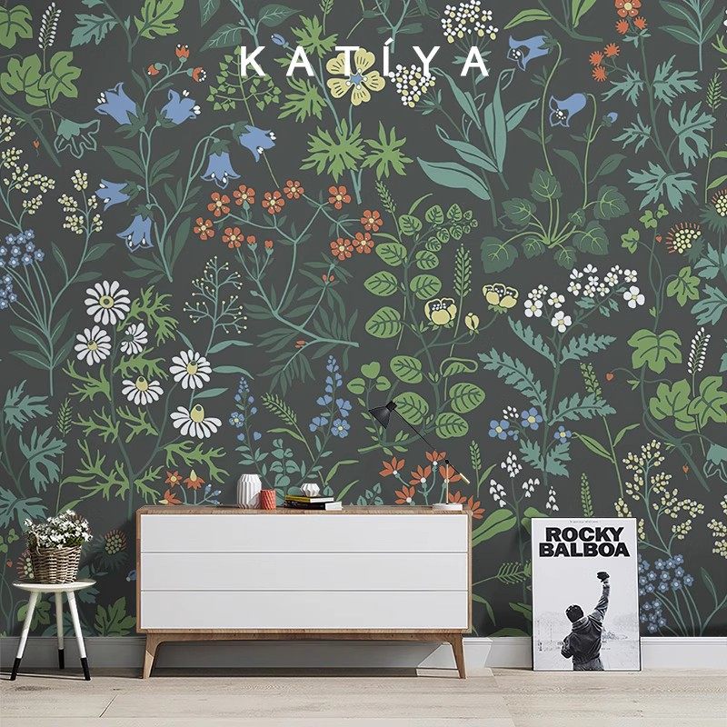 美式手绘花草墙纸客厅电视背景墙布绿色花群壁画卧室餐厅无缝壁纸,淘宝优惠券,粉丝福利购,淘宝优惠卷