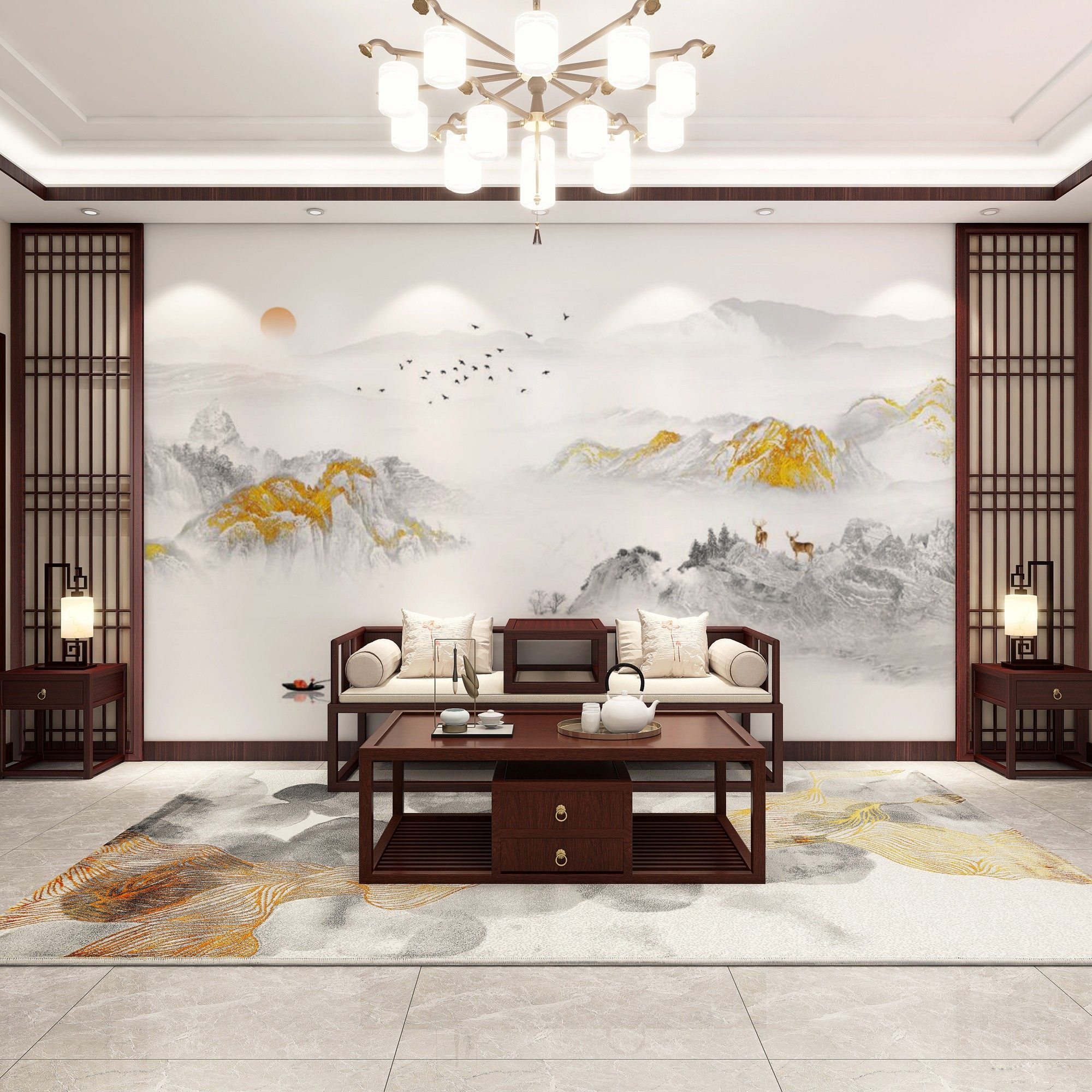 新中式大气金色麋鹿山水壁画客厅电视背景墙壁纸轻奢沙发影视墙布,淘宝优惠券,粉丝福利购,淘宝优惠卷