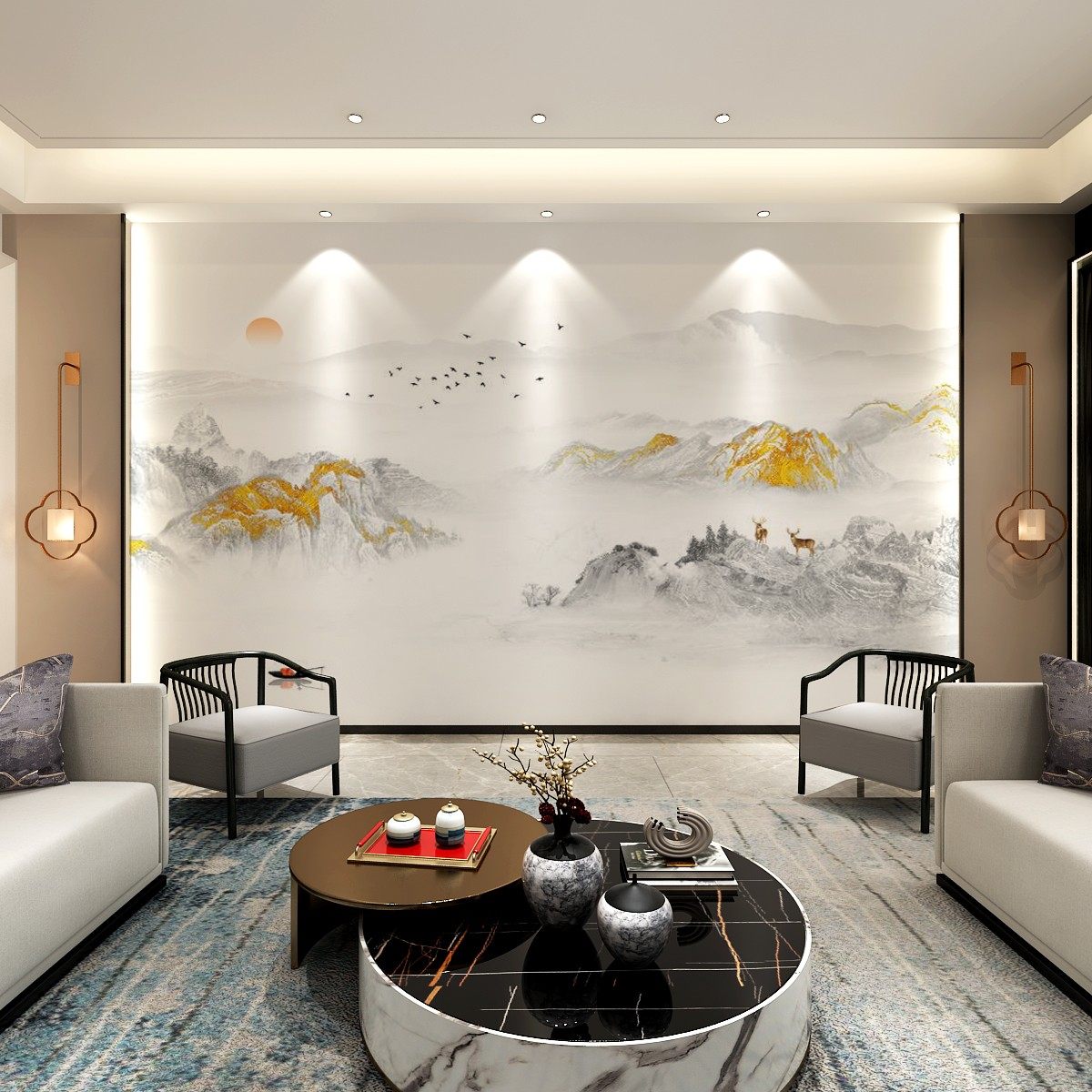 新中式大气金色麋鹿山水壁画客厅电视背景墙壁纸轻奢沙发影视墙布,淘宝优惠券,粉丝福利购,淘宝优惠卷