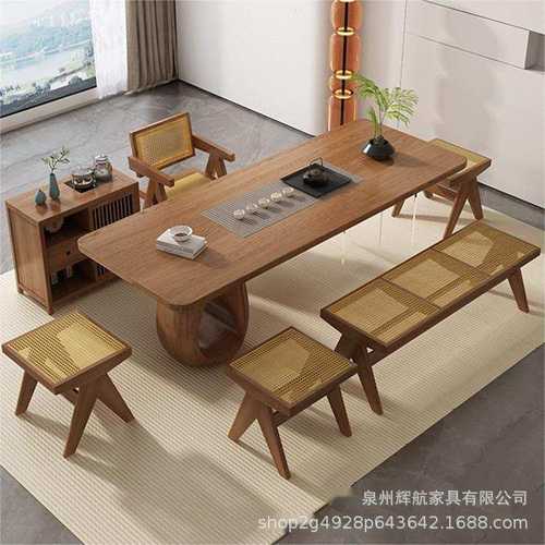 现代简约实木办公室接待泡茶桌子家用客厅大板原木猫洞茶台茶桌椅 - 图1