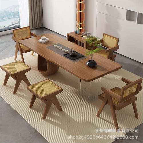 现代简约实木办公室接待泡茶桌子家用客厅大板原木猫洞茶台茶桌椅 - 图2