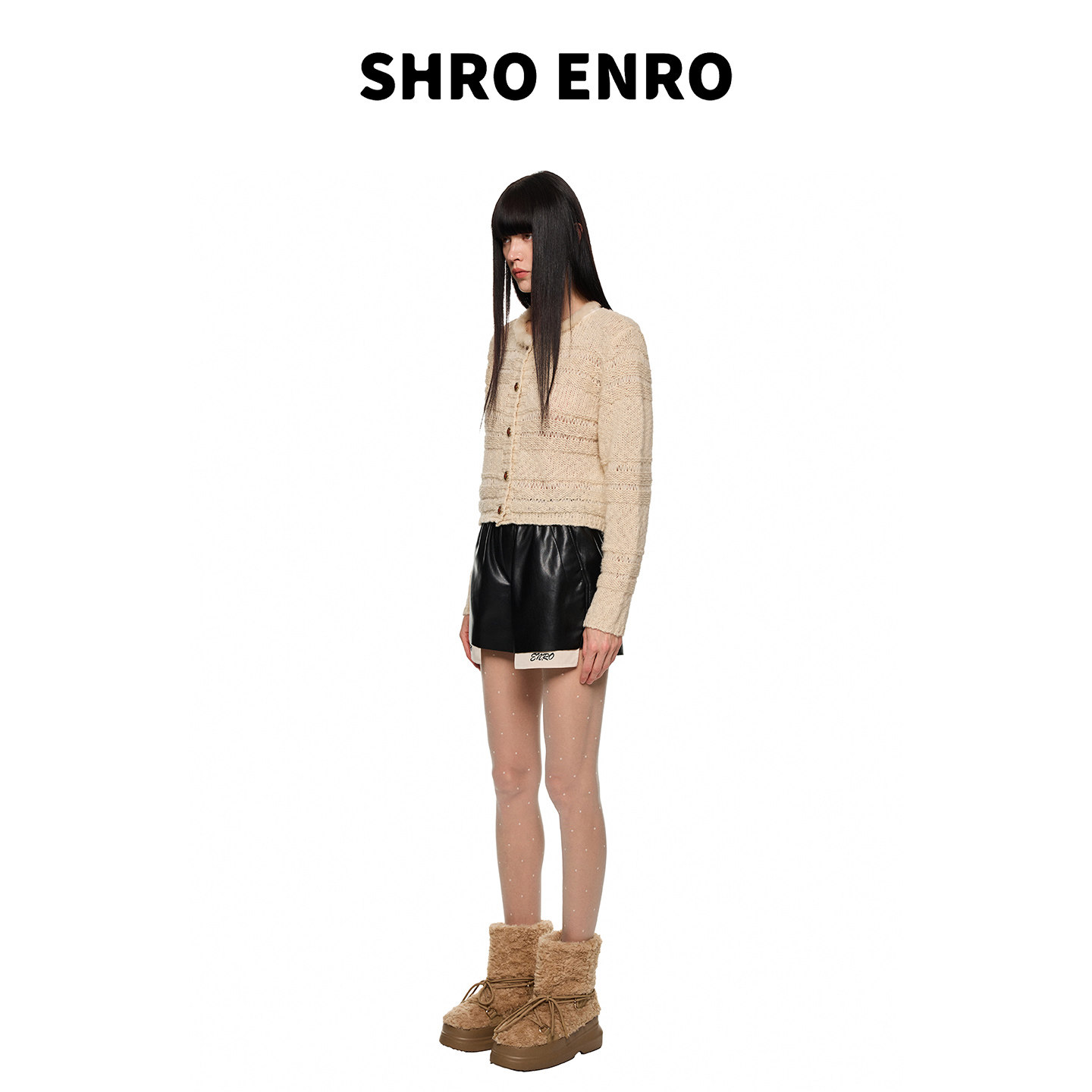 SHRO ENRO2025秋季新款假两件蛋白皮休闲百搭短裤黑色微弹裙裤女,淘宝优惠券,粉丝福利购,淘宝优惠卷