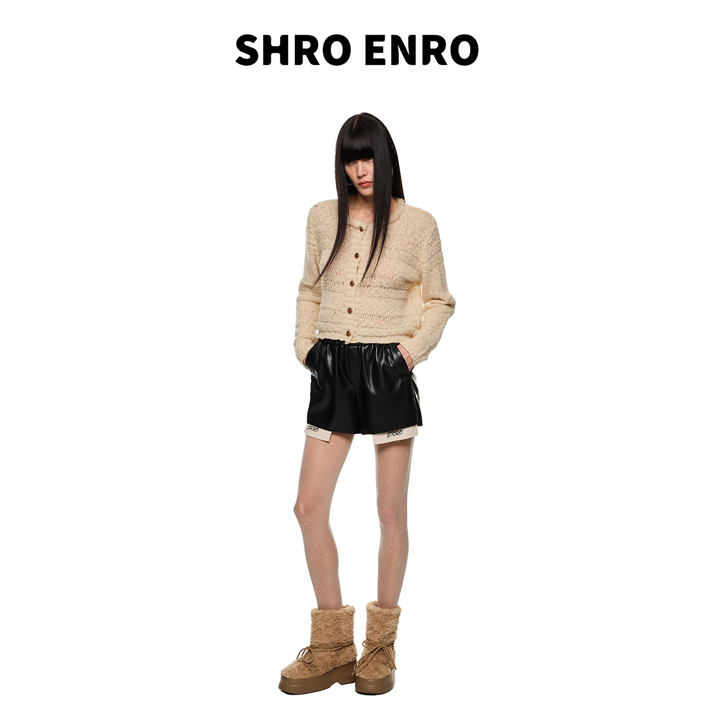 SHRO ENRO2025秋季新款假两件蛋白皮休闲百搭短裤黑色微弹裙裤女,淘宝优惠券,粉丝福利购,淘宝优惠卷