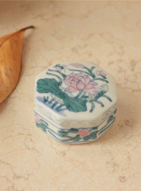 复古老货粉彩印泥盒釉下彩陶瓷B收纳盒手帐印泥缸 中式软装摆件