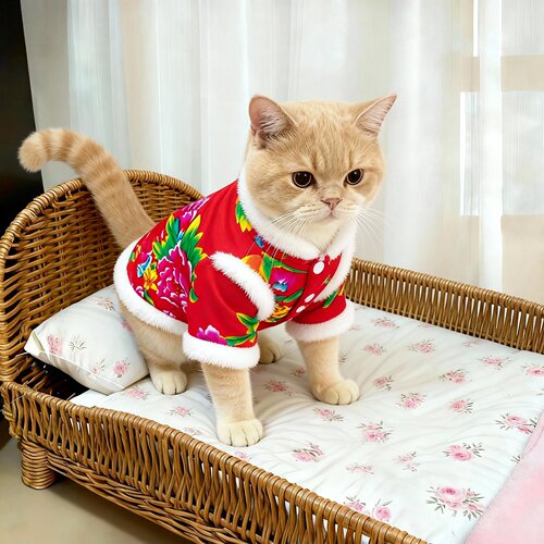 秋冬款东北大花猫咪棉袄毛绒领口宠物服装新年唐装保暖狗狗衣服 - 图0