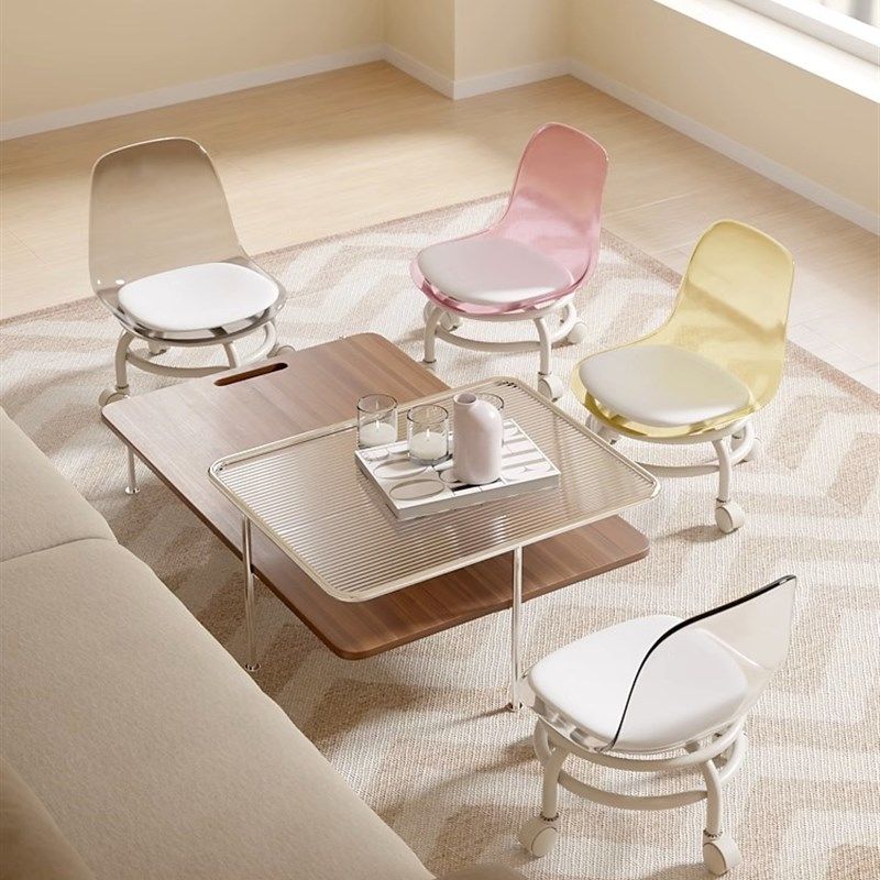 压克力万向轮矮凳静音透明靠背小椅子带娃滑轮矮凳子网红换鞋地凳,淘宝优惠券,粉丝福利购,淘宝优惠卷