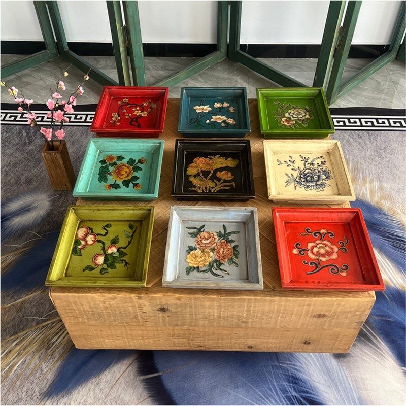 彩绘实木盘复古茶盘果盘做旧贡盘点心盘N干果盘桌面收纳盘托盘,淘宝优惠券,粉丝福利购,淘宝优惠卷