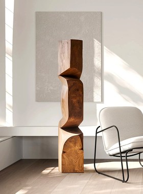 酒店售楼处转角装饰品竖高木雕落地摆件实木N雕塑艺术品样板房软