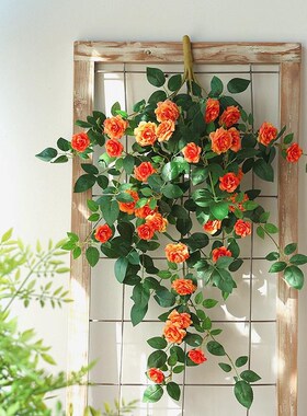 墙面挂饰仿真月季玫瑰绿植塑料假花壁挂装饰花藤T室内仿真花墙植