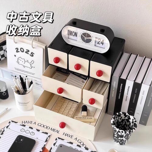 中古风桌面收纳盒化妆品长方形收纳整理盒办公室工位抽屉式置物架 - 图3
