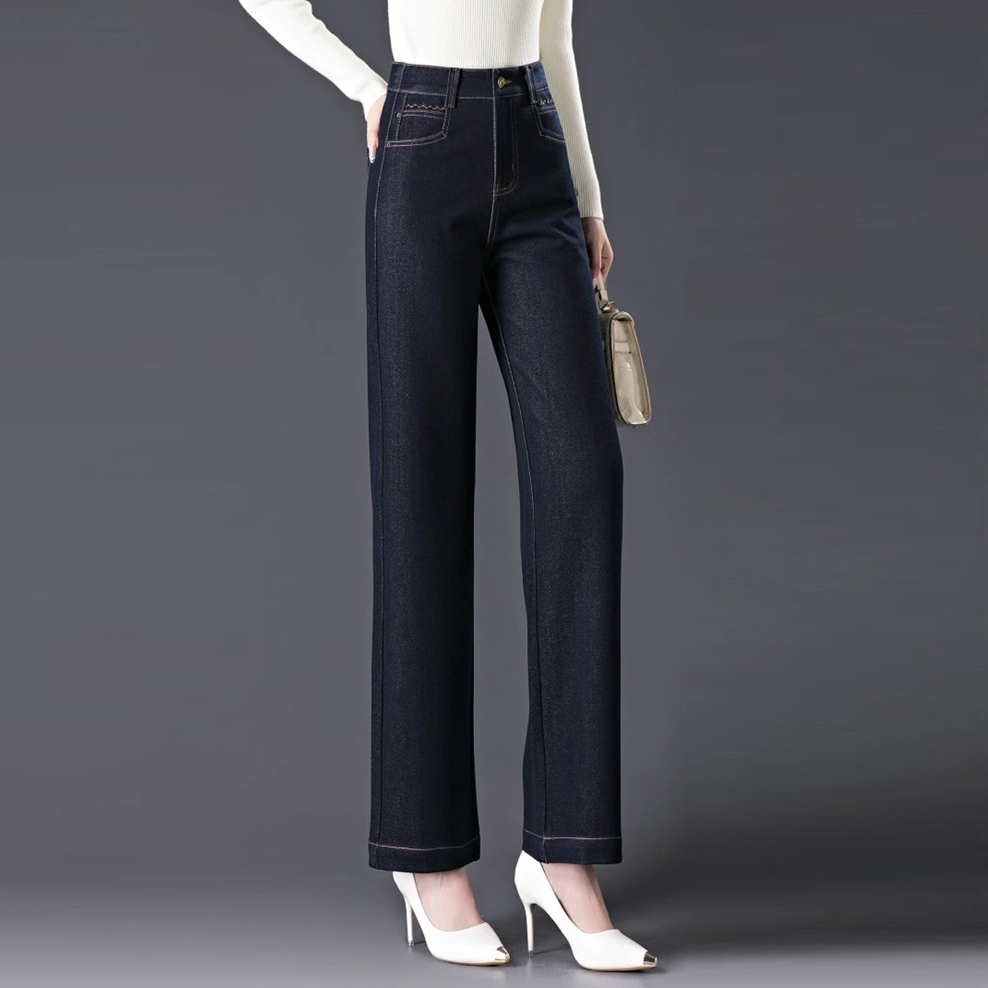 时尚高腰直筒牛仔裤女士2025春秋新款宽松显瘦弹力复古窄版阔腿裤,淘宝优惠券,粉丝福利购,淘宝优惠卷