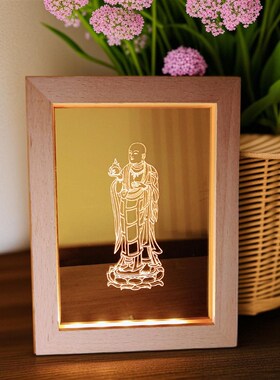 精雕佛陀观世音菩萨发光摆件USBLED实木夜灯展灯六字箴言般若心经