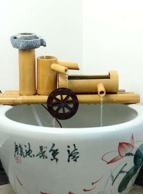 竹子流水摆c件 树脂石磨 石槽鱼缸造景 风水轮水车循环流水过滤器