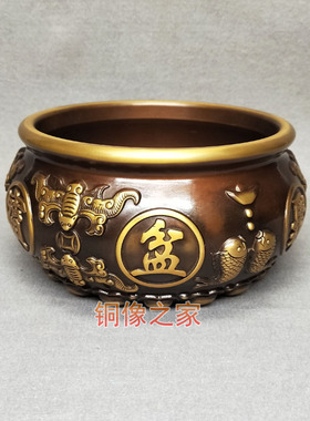 包邮新款仿古纯铜黄铜立体浮雕聚B宝盆加厚加重款客厅工艺品摆件