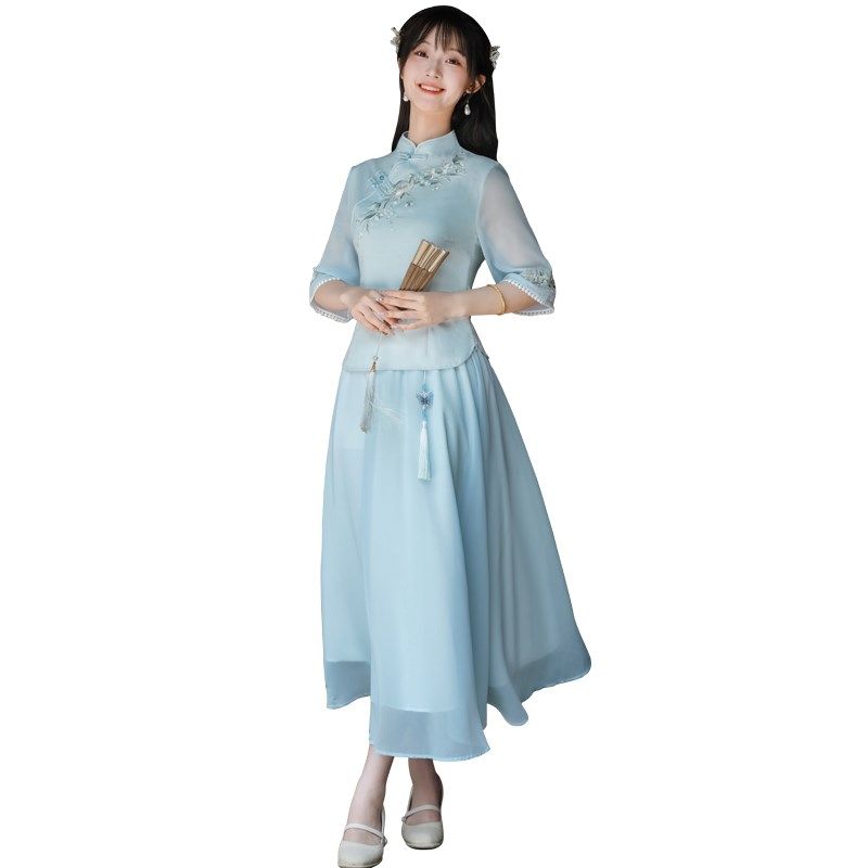 新中式民国风日常汉服套装少女学生改良旗袍上衣雪纺半身裙茶艺服,淘宝优惠券,粉丝福利购,淘宝优惠卷