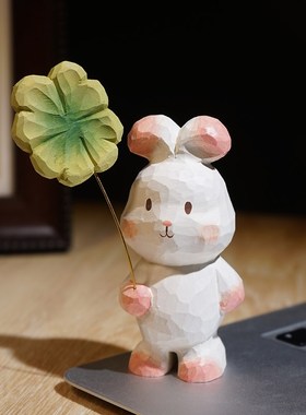 幸运小兔举花朵手工木雕小摆件可爱卡通创意办公室桌面装饰品礼物