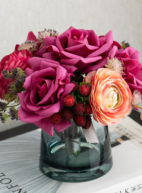 仿真花艺摆件保湿玫n瑰露莲花束客厅摆设桌花轻奢高档房间软装摆