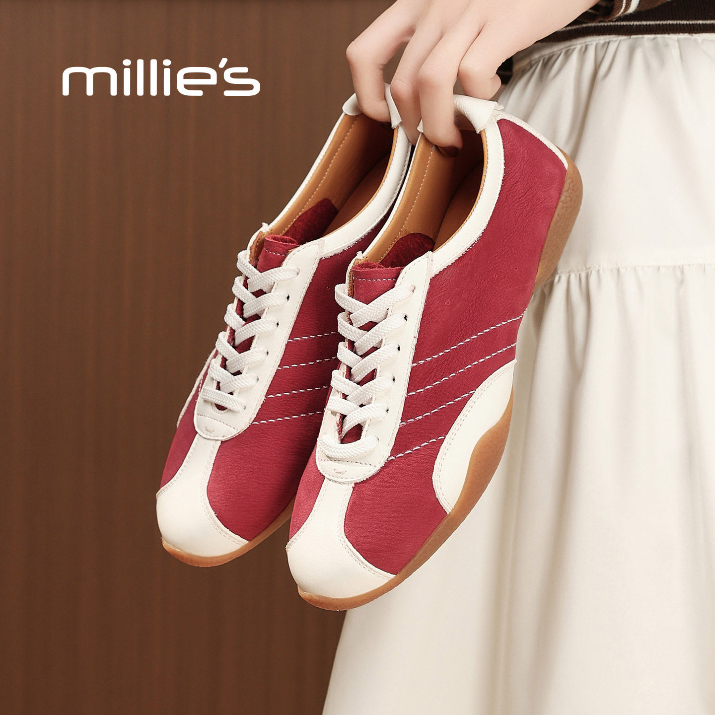 MILLIE'S/妙丽2026春季新款白红拼色平底百搭舒适休闲运动鞋女鞋,淘宝优惠券,粉丝福利购,淘宝优惠卷