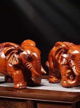 速发实木大象摆件一礼黑檀木雕刻吸水象工艺礼品乔迁开业送对客厅