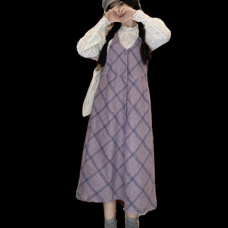 大码女装胖妹妹小个子穿搭紫色格纹内搭两件套毛呢背心裙打底套装,淘宝优惠券,粉丝福利购,淘宝优惠卷