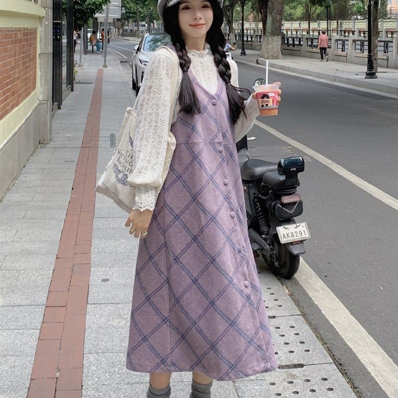 大码女装胖妹妹小个子穿搭紫色格纹内搭两件套毛呢背心裙打底套装,淘宝优惠券,粉丝福利购,淘宝优惠卷