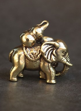 复古实心纯黄铜办公桌面车载小摆件福禄大象茶宠工艺品手把玩件