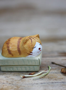 鹿妖商店 纸箱猫 求收养 橘猫 猫咪纯G手工木雕 实木桌面摆件 礼