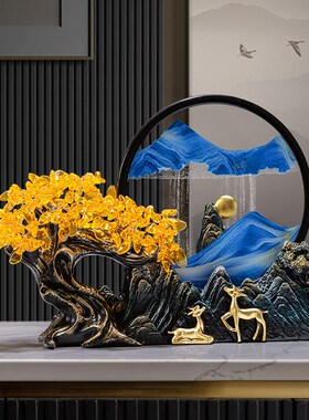 黄水晶发财树流沙画摆件家居客厅玄关装K饰品办公室乔迁开业礼物
