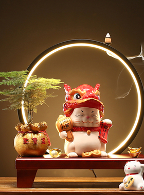 创意带灯圈舞狮招财猫陶瓷可爱摆件店铺开业礼品乔迁家用客厅装饰