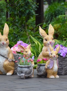 户外花园庭院装饰复古兔子花缸幼儿园摆件卡通动物花盆玻璃钢雕塑
