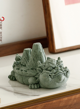 新中式龙龟青砂石茶宠摆件创意霸下盖置笔托鱼缸造景客厅桌面装饰