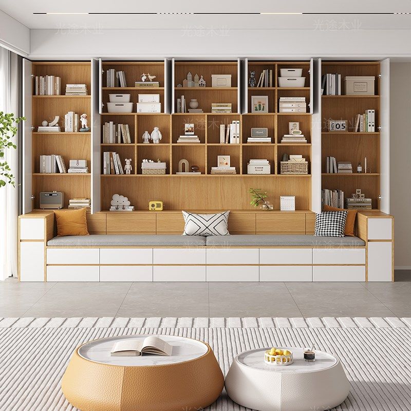 沙发书柜一体客厅墙柜书橱组合多功能家用卡座书架背景储物柜定制,淘宝优惠券,粉丝福利购,淘宝优惠卷