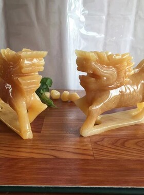 黄玉玉石麒麟摆件送子玉麒麟简约玄关家居客厅中式装饰工艺礼品摆