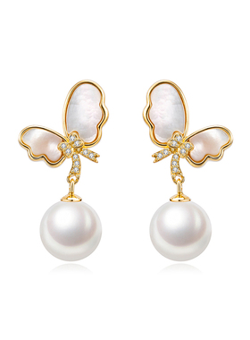 925银珍珠蝴蝶耳钉项链套装