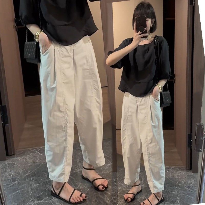 裤子女2024新款夏季薄款米白色八九分裤女宽松显瘦时尚哈伦工装裤,淘宝优惠券,粉丝福利购,淘宝优惠卷