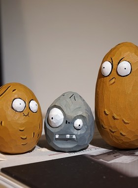 坚果墙手工木雕小摆件植物大战僵尸可爱卡通桌面手办高坚果