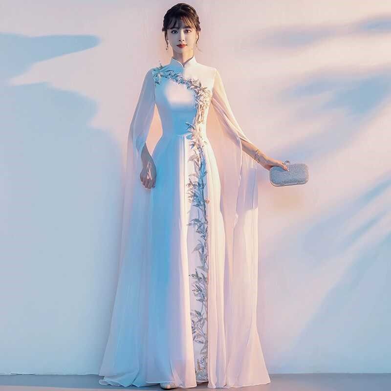 中国风古筝演出服女成人艺考演奏比赛礼服飘逸仙气长裙大合唱服装 - 图1